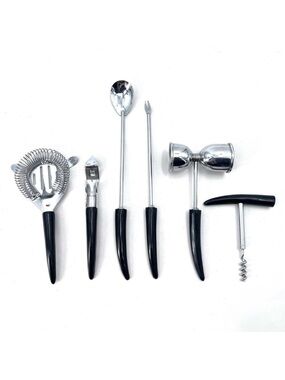 Vintage 6 pc Silver Metal & Black Handled Cocktail Bar Tools Set Lot - Japan